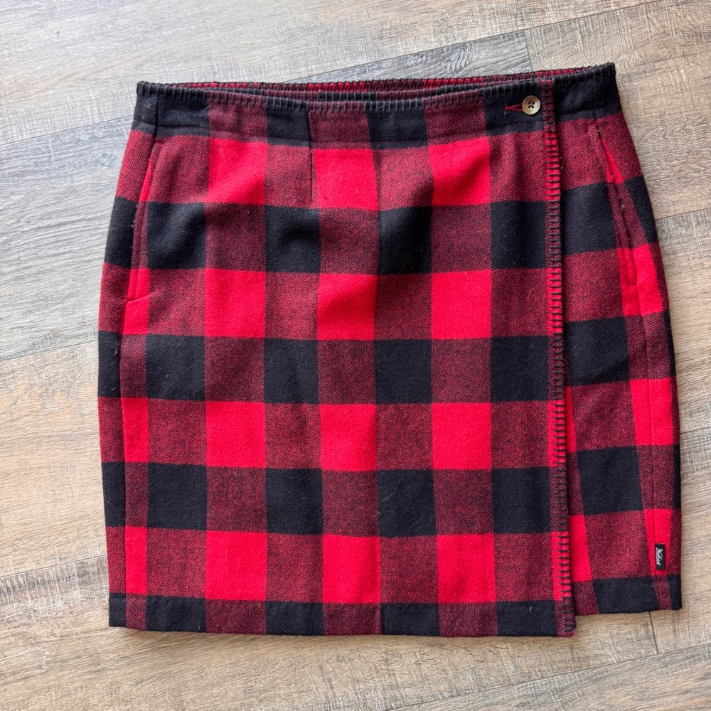 Woolrich Red Black Buffalo Plaid Wool Cotton Blend Wrap Mini Skirt Size 8